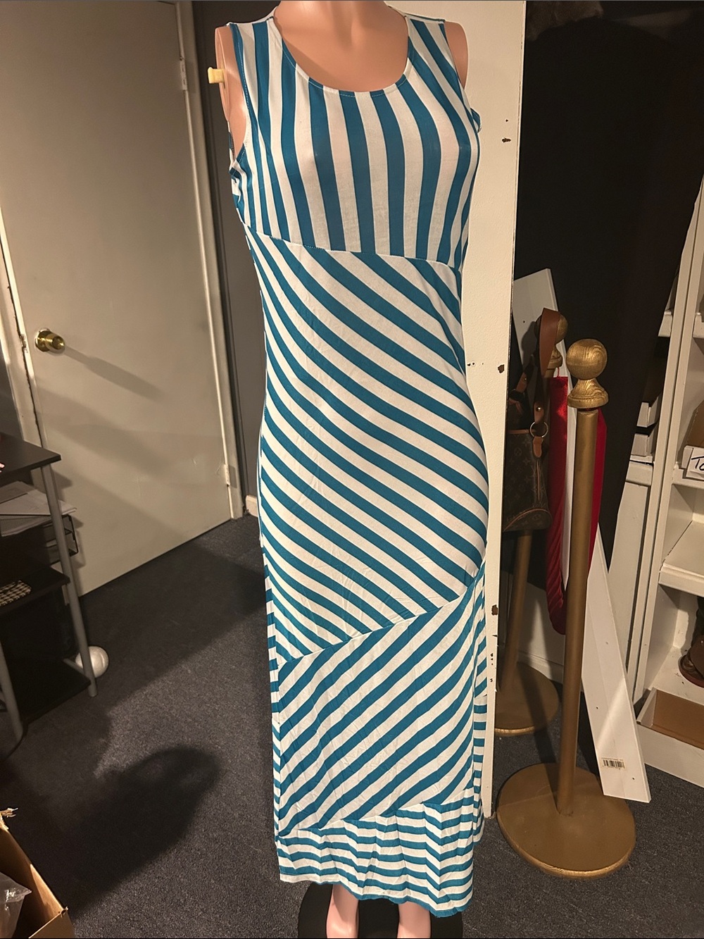Lilly Pulitzer Teal and White Striped Sleeveless Maxi Dress